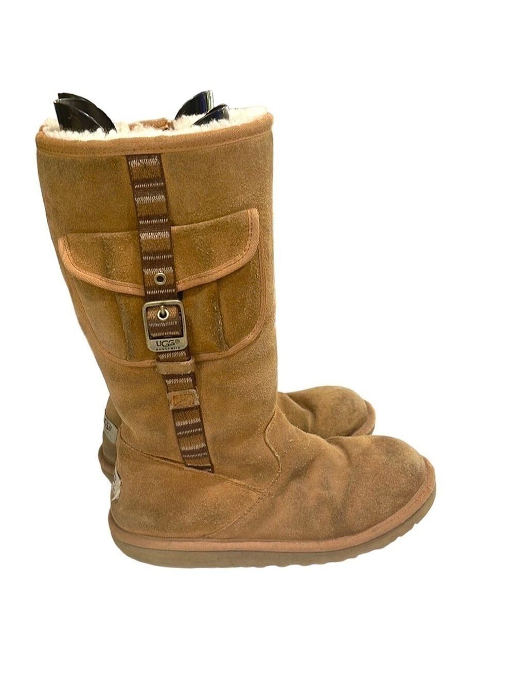 Ugg Retro Cargo Pocket Shearling Lined Suede Boots SZ 6 Chestnut